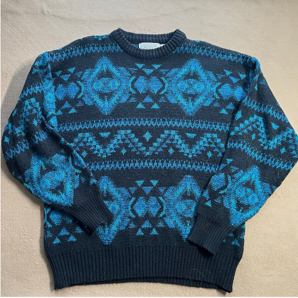 Vintage 90's Method Geometric Blue And Black Wool Blend Sweater Unisex M-L